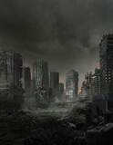 Fototapeta Nowy Jork - Digital illustration of a lifeless ruined cityscape