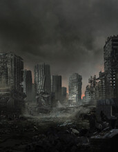Digital Illustration Of A Lifeless Ruined Cityscape
