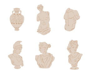 Set of different antique Greek marble statue. Classical art statues of Ancient gods, flat vector illustration in trendy modern style isolated on white background.