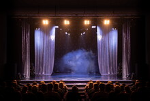 Scene, Stage Light With Colored Spotlights And Smoke