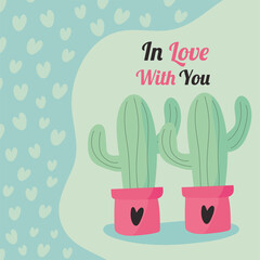 Sticker - cactus plants in ceramic pots with hearts and love lettering