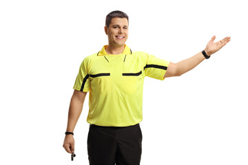 Wall Mural - Soccer referee holding a whistle and pointing with hand