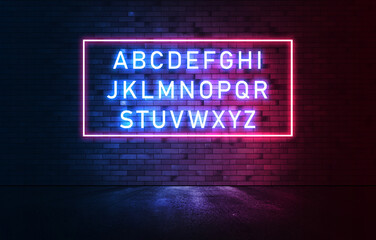 neon light alphabet on iluminated brick wall.