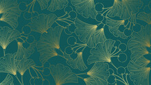 Luxury Elegant Lineart Background Golden Leaves And Ginko Berries On An Emerald Green Background.