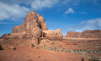 Dazzling Arches National Park in the summertime with sandstone formations on a partly cloudy day in Utah