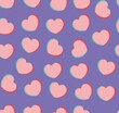 Endless seamless pattern of hearts of different directions. Pink red anaglyph vector hearts on purple background. Wallpaper for wrapping paper. Background for Valentine's Day