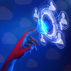 Wall Mural - business cloud computing and internet storage network concept, networking communication, woman hand 