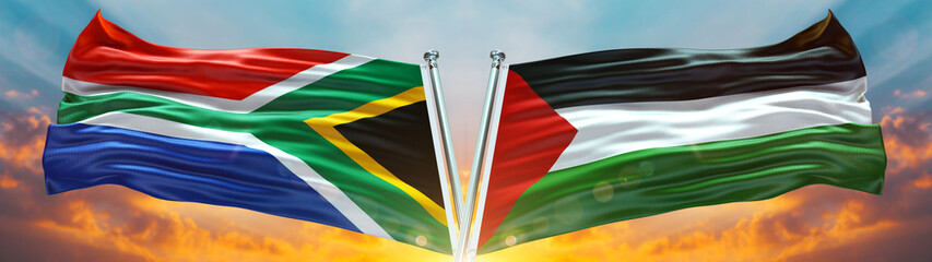 Double Flag palestine فلسطين and South Africa flag waving flag with texture sky Cloud and sunset