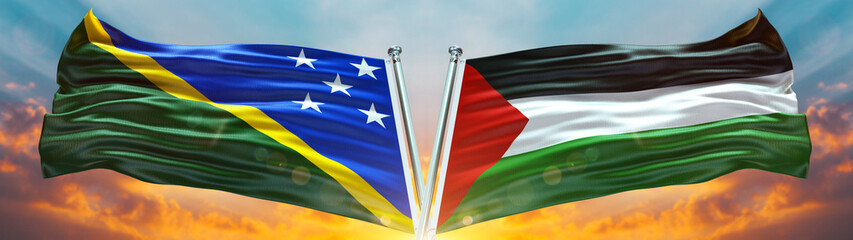 Double Flag palestine فلسطين and Solomon Islands flag waving flag with texture sky Cloud and sunset