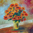 Bouquet of orange marigold flowers in a yellow vase on a colorful background, oil painting