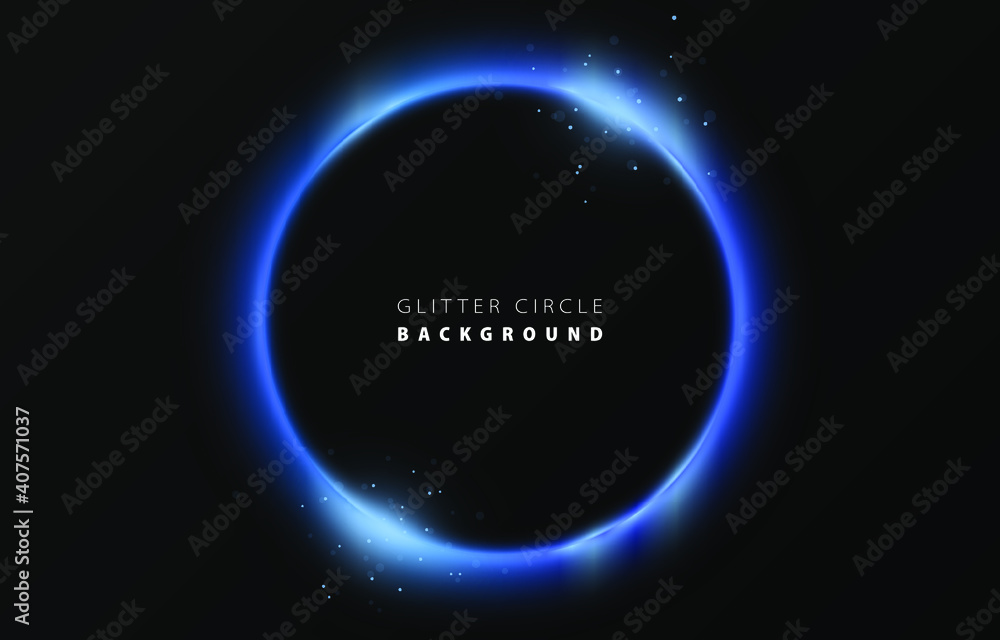 Glitter blue neon circle ring frame & sparkle flash light star shimmer vector on black background, shiny glowing metal blued steel round line planet curve, futuristic web poster card print template - obrazy, fototapety, plakaty 