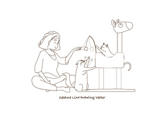 Wall Mural - Cat and Woman characters.Gesture line drawing vector.