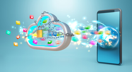 Wall Mural - Data to cloud storage. Cloud computing technology concept, 3d rendering