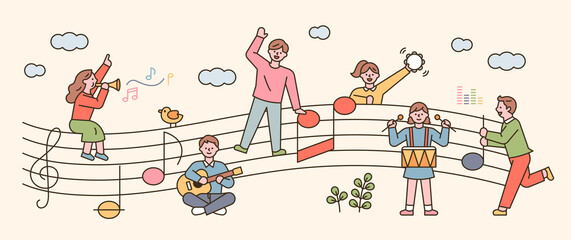 Wall Mural - People sit on sheet music and sing and play musical instruments. flat design style minimal vector illustration.