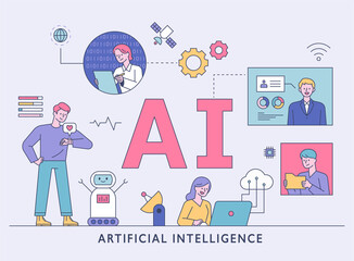 Wall Mural - artificial intelligence lifestyle. users and scientists exchange information around ai characters. f