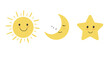 © Alano Design - Sun, moon and star icon on white background. Cute sun and star smiling cartoon characters. Moon sleeping. Vector illustration