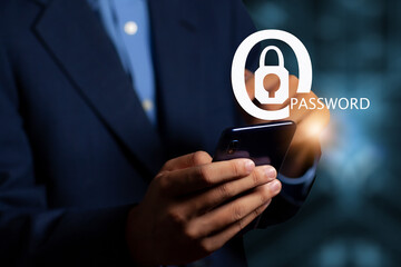  password protection and businessman holding a mobile phone