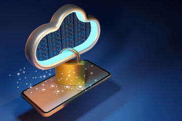 Wall Mural - Moblie smart phone tranfer data to cloud server . Concept of cloud protection and technology network connection . 3d rendering