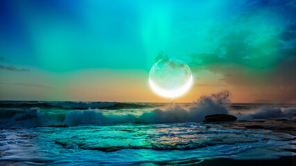 Wall Mural - northern lights - aurora borealis in the sky with crescent moon on the foreground power sea wave