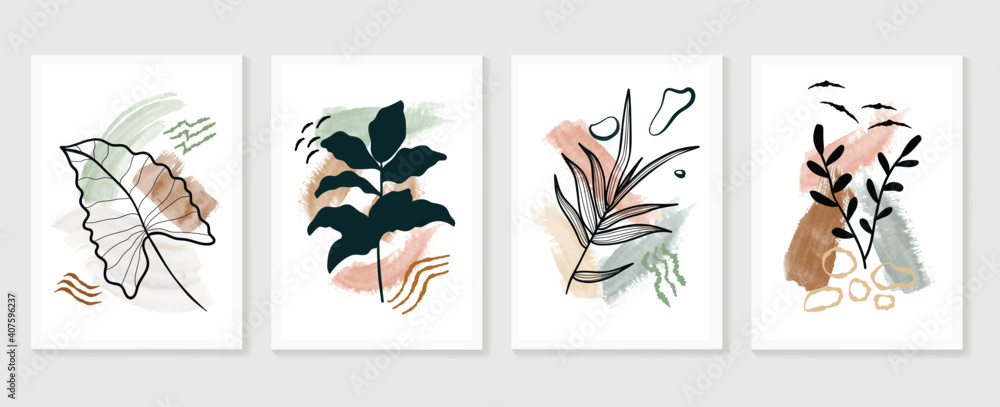 Botanical watercolor wall art vector set. Earth tone boho foliage line ...