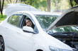 © NITIKAN T. - The car is broken and parked on the side of the road, the stressful young woman is calling the car mechanic with a mobile phone.