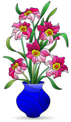 illustration in stained glass style with an isolated element, a bouquet of daffodil flowers on a whi
