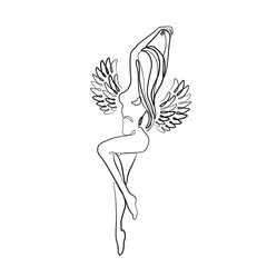 Woman with wings abstract silhouette, continuous line drawing, small tattoo, print for clothes, emblem or logo design for spa or beauty salon, cosmetics, isolated vector illustration.
