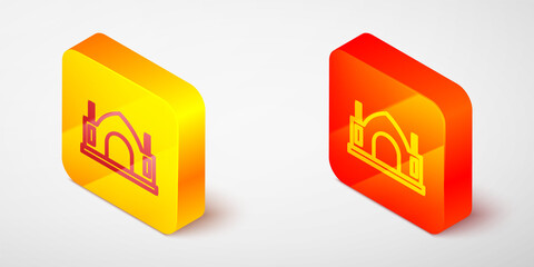 Wall Mural - Isometric line Hindu spiritual temple icon isolated on grey background. Yellow and orange square button. Vector.