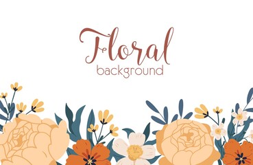 Wall Mural - Floral backdrop with elegant blooming autumn flowers and place for text. Peony roses and narcissus border. Colorful flat vector illustration isolated on white background