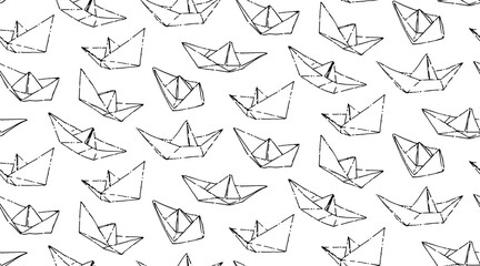 Wall Mural - Origami ship seamless pattern. Endless vector print with hand drawn paper boat icon. Ink drawing sketch illustration isolated on white background