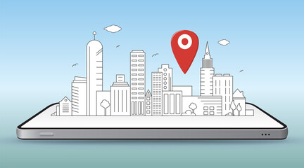 Sticker - smart city and mobile navigation concept vector illustration. line art style city drawing lay down o