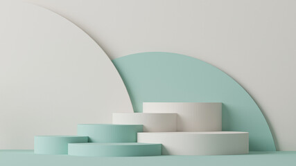 Wall Mural - Minimal scene with podium and abstract background. Pastel blue and white colors scene. Trendy 3d render for social media banners, promotion, cosmetic product show. Geometric shapes interior.	