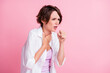 Photo of sad unhealthy young lady wear white shirt coughing fist arm neck isolated pastel pink color background