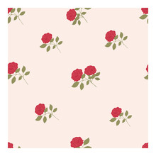 Seamless Vector Pattern With Red Roses On Pink Background. Flowers With Green Leaves. Suitable For Decoration, Design, Celebration, Wallpaper, Fabric, For Textiles.
