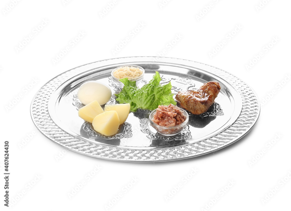 Passover Seder plate with traditional food on white background