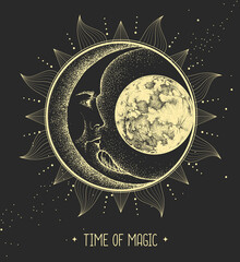 Wall Mural - modern magic witchcraft card with astrology sun and moon sign with human face. day and nignt.
