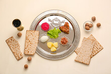 Passover Seder Plate With Traditional Food On Light Background