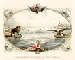 Old commemorative oval framed allegorical illustration of Atlantic cable posing. Highly detailed vintage style color illustration by Kimmel and Forster, New York, ca. 1866