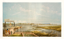 View Of Charleston Far In The Distance From A Dock On Ashley River Shore, South Carolina. Highly Detailed Vintage Style Color Illustration By Keenan, U.S., 1845
