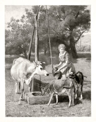 Wall Mural - Dairymaid attending to cow and calves outdoor at a countryside drinking trough. Highly detailed vintage style gray tone illustration by unidentified author, U.S., 1884