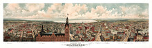 Large Overall Top Horizontal View Of Milwaukee From City Hall Tower, Vintage Captions On Page Bottom. Highly Detailed Vintage Style Color Illustration By Unknown Author, U.S., 1874