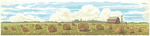 Autumn Rural Landscape In Panoramic Format With A Farm And Bales Of Hay In The Foreground