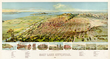 Huge Aerial View Of Salt Lake City, Utah. Grid Roads City And Great Salt Lake In The Distance To Horizon. Highly Detailed Vintage Style Color Illustration By Unidentified Author, U.S., 1868