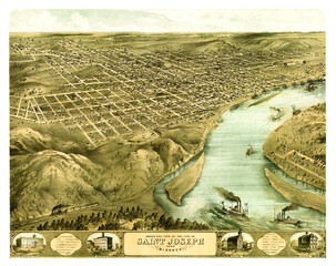 Top panoramic aerial view of Saint Joseph, Missouri. Grid roads city rising on river shore. Highly detailed vintage style color illustration by unidentified author, U.S., 1868