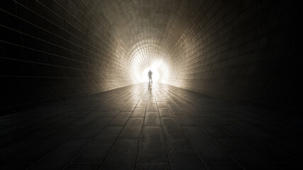 Wall Mural - Concept or conceptual dark tunnel with a bright light at the end or exit as metaphor to success, faith, future or hope, a black silhouette of walking man to new opportunity or freedom 3d illustration