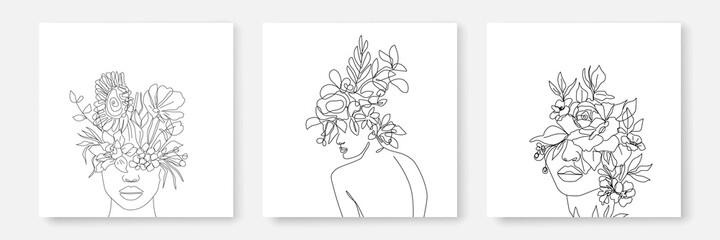 Abstract Line Woman and Flowers Prints Set Continuous Line art. Fashion Templates with Female Body, Plants, Leaves, color Elements Modern Trendy Outline Style. Vector Beauty Illustration