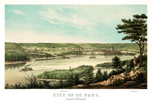 Distant View Of The City Of Saint Paul, Minnesota, From The Opposite Shore Of Mississippi River. Highly Detailed Vintage Style Color Illustration By J. Queen, U.S., 1853