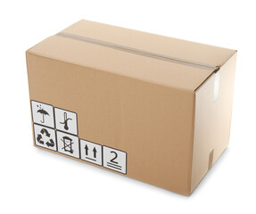 Wall Mural - Cardboard box with shipping label isolated on white