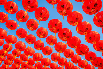 red lantern decoration for Chinese New Year Festival at Chinese shrine Ancient chinese art with the Chinese alphabet Blessings written on it Is a Fortune blessing compliment,Is a public place Thailand