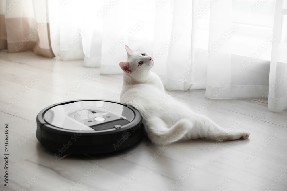 Modern robotic vacuum cleaner and cute cat on floor indoors - obrazy, fototapety, plakaty 